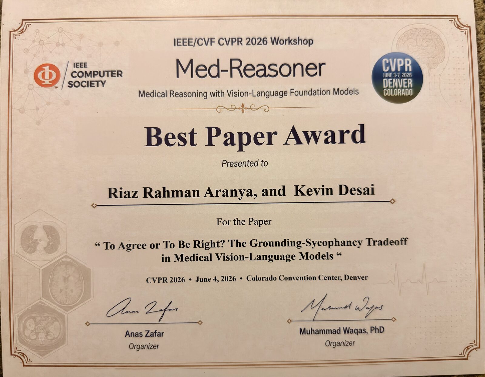 Best Paper Award certificate from the CVPR 2026 Med-Reasoner Workshop