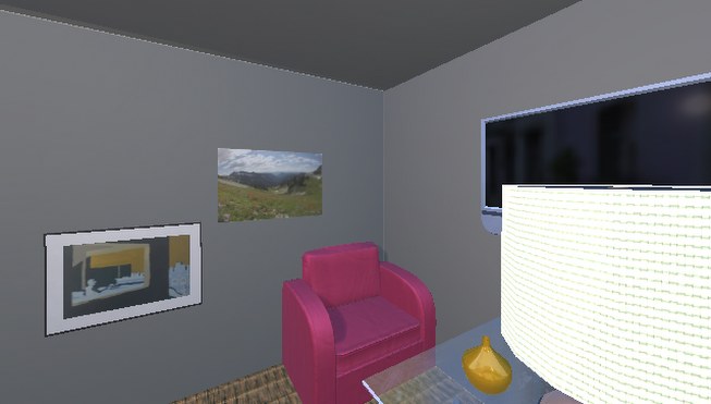 Second view of the same lounge: the pink armchair is still drawn.