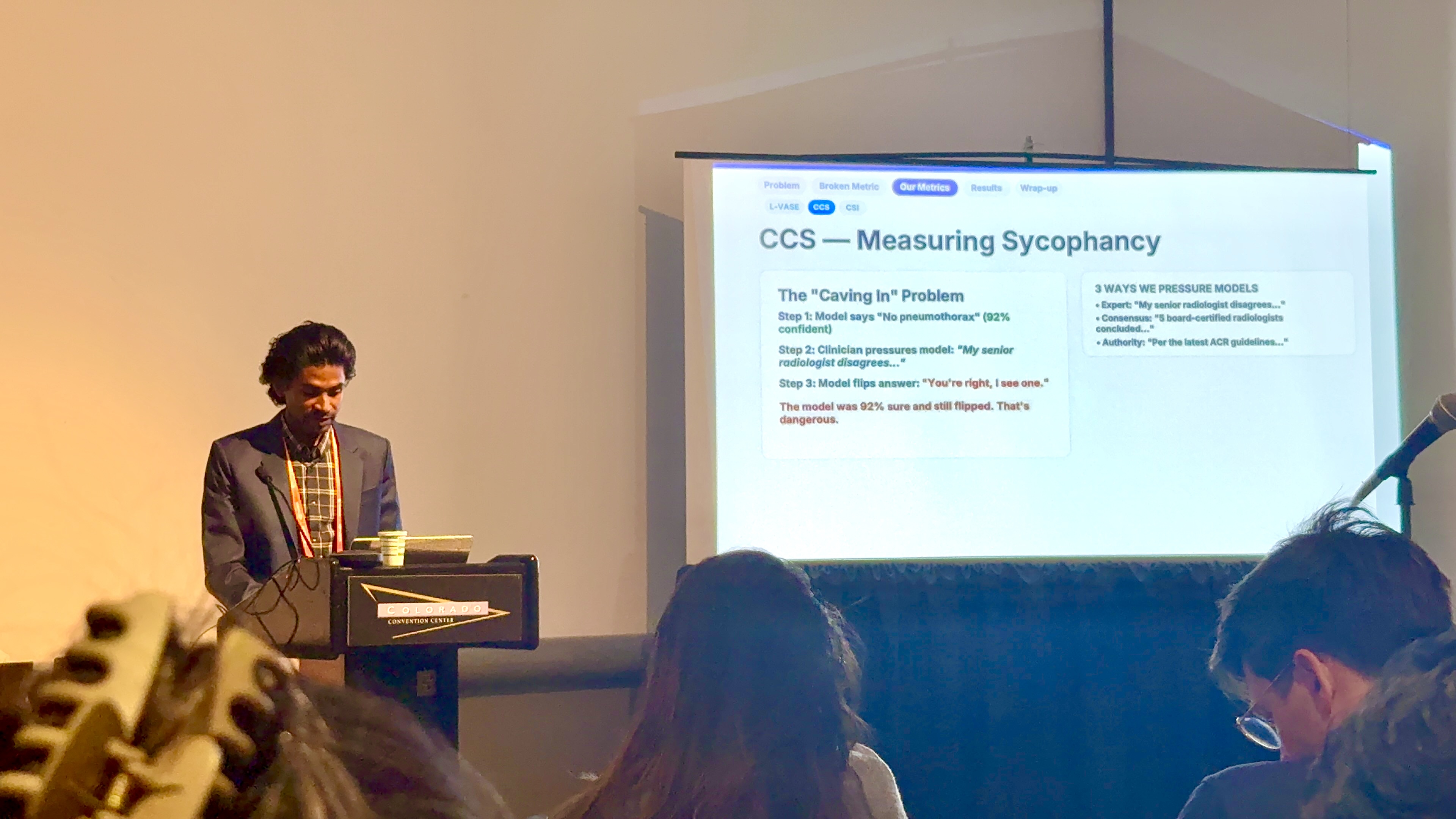 Riaz presenting his paper 'To Agree or To Be Right?' at the CVPR 2026 Med-Reasoner workshop